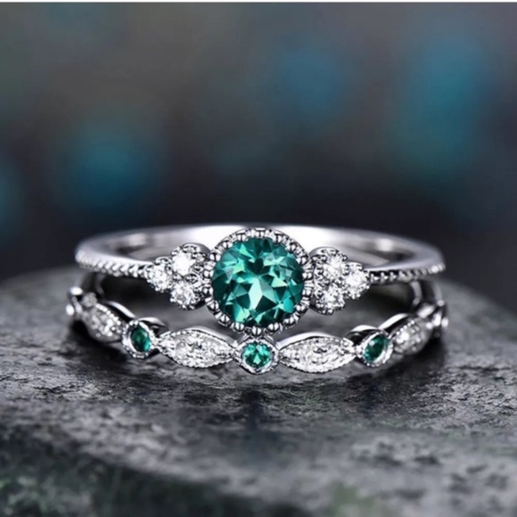 2pcs/set 925 Silver Sapphire Ring New - Picture 2 of 5